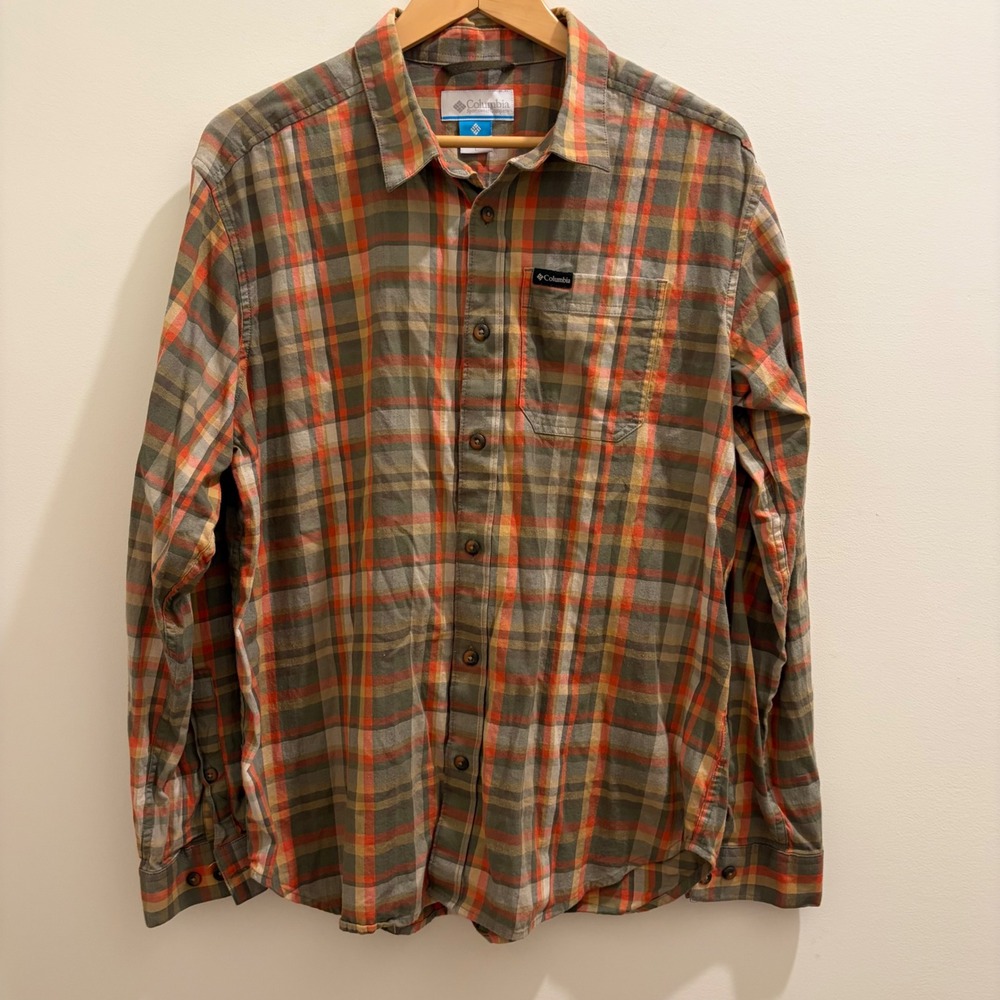 Columbia Women's L Plaid Button Down Shirt Olive Orange Long Sleeve Stretch